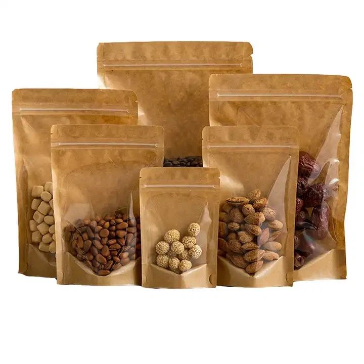 ECO Friendly Custom Logo Stand Up Prouch Brown Kraft Paper Packaging Bags For Food Powder Nut