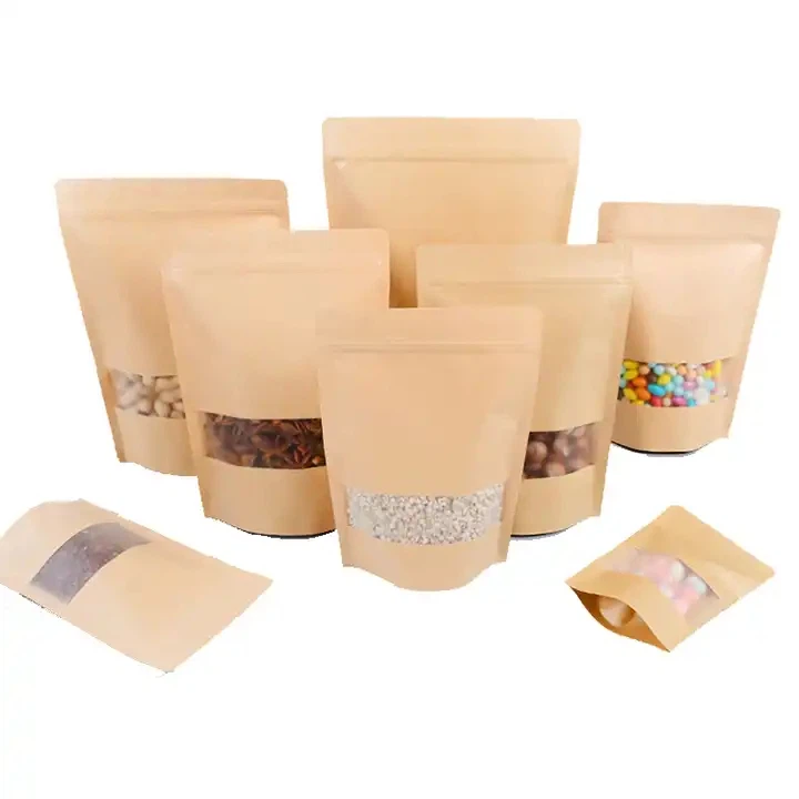 ECO Friendly Custom Logo Stand Up Prouch Brown Kraft Paper Packaging Bags For Food Powder Nut