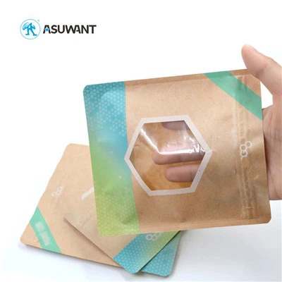 Bir tarafı açık küçük kraft kağıt torbaları areca somunu, oem kraft pencereli ayağa kalk